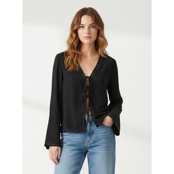 Zara Tops - Zara Black Tie-Front Blouse Top Contrast White Stitching Bell Sleeve Y2K Small